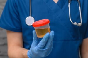 Laboratory technician holding urine sample for culture and analysis