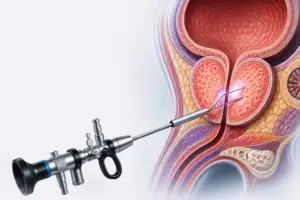 Cross-sectional illustration showing a bipolar TURP procedure using a resectoscope to remove enlarged prostate tissue through the urethra.
