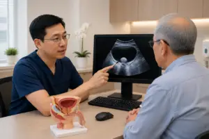 Bladder stone consultation with a urologist reviewing a bladder ultrasound scan with an older patient.