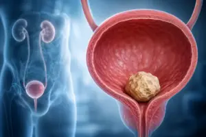 Bladder stone shown within the urinary bladder in a medical illustration demonstrating bladder stone disease and treatment.