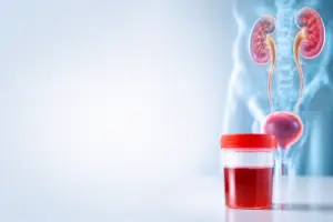 Medical illustration showing the kidneys, ureters and bladder alongside a urine sample container, representing blood in urine (haematuria).