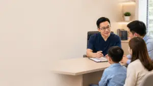Consultant urologist discussing circumcision techniques with parents during a paediatric consultation in Kuala Lumpur.