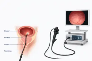 Cystoscopy illustration showing a cystoscope entering the bladder through the urethra alongside cystoscopy equipment and bladder camera view.