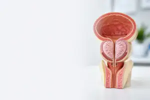Illustration of an enlarged prostate affecting the bladder and urinary tract.