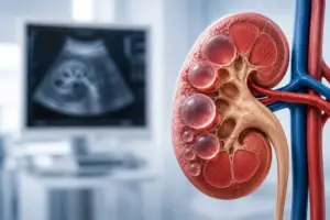 Cross-sectional illustration of a kidney with multiple kidney cysts alongside an ultrasound image.