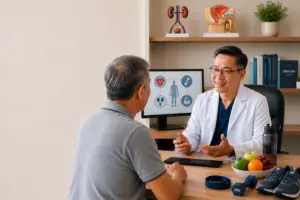 Urologist discussing healthy lifestyle strategies and managing hormone therapy side effects with a prostate cancer patient during a follow-up consultation.