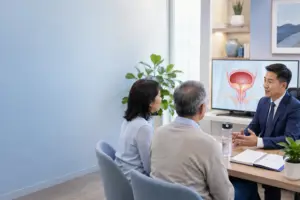 Urologist discussing overactive bladder symptoms with a middle-aged woman and older man during a clinic consultation.