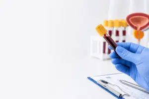 Close-up of a clinician holding a blood sample tube for PSA testing with blurred laboratory equipment in the background.