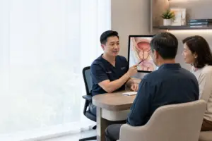 Consultant urologist explaining sexual function recovery after robotic prostatectomy to a patient and partner during a consultation.