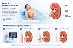 Illustration showing the concept of Supine Mini-PCNL for kidney stones, including the supine patient position, kidney anatomy, stone location, and the main steps involved in stone removal.