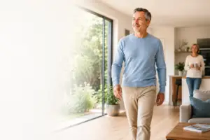 Man walking confidently at home during recovery after robotic-assisted radical prostatectomy (RARP).
