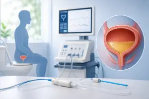 Medical illustration showing bladder anatomy, urodynamic testing equipment, and a patient undergoing bladder function assessment in a clinical setting.