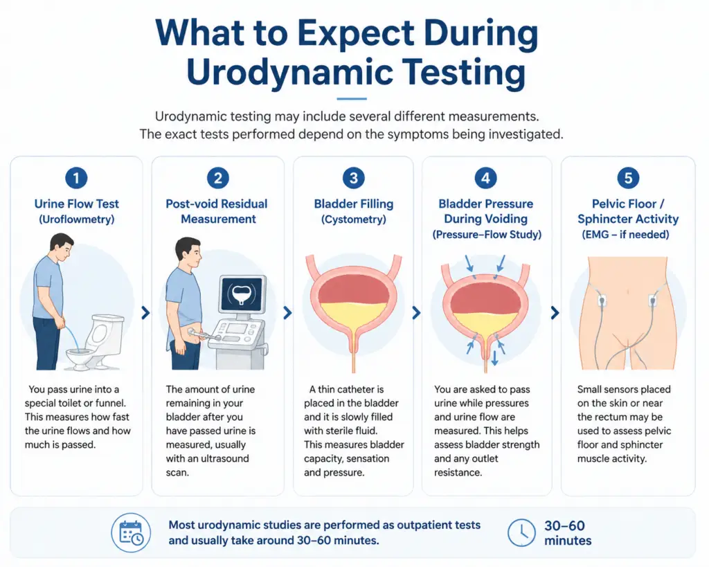 Illustration showing the main stages of urodynamic testing, including urine flow measurement, post-void residual assessment, bladder filling, pressure-flow study, and pelvic floor muscle monitoring.