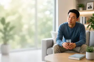 Man sitting thoughtfully at home after noticing blood in his semen
