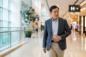 Middle-aged man experiencing frequent urination symptoms while walking through a shopping mall.