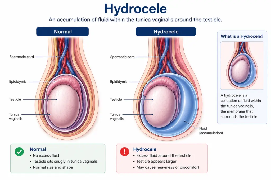 Medical illustration comparing normal testicular anatomy with a hydrocele, showing fluid accumulation around the testicle within the tunica vaginalis.