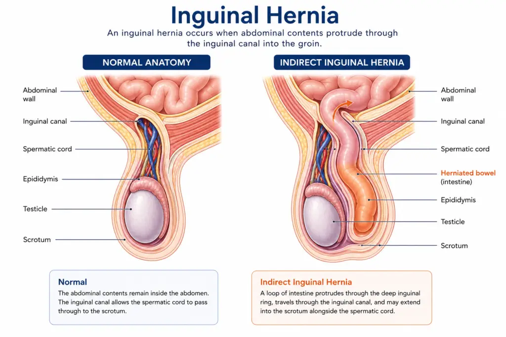 Medical illustration comparing normal anatomy with an indirect inguinal hernia, showing a loop of intestine protruding through the inguinal canal into the scrotum.
