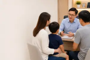 Parents consulting a urologist about concerns regarding their child's penile development during a medical assessment.