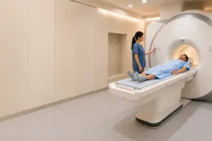 Patient undergoing a multiparametric MRI (mpMRI) scan of the prostate in a modern medical imaging suite.