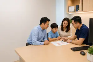 Paediatric urologist discussing phimosis in a child with parents during a consultation using an educational illustration.