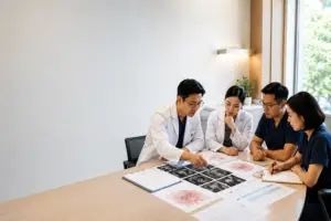 Prostate cancer specialists discussing MRI scans and treatment planning during a multidisciplinary team meeting.