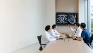 Consultant urologist discussing a prostate cancer case with an oncologist, radiologist and nuclear medicine physician during a multidisciplinary team meeting in Kuala Lumpur.