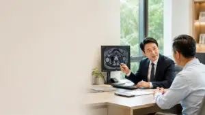 Consultant urologist discussing prostate MRI findings and prostate cancer treatment options with a patient during a consultation in Kuala Lumpur.