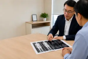 Urologist discussing PSMA PET scan findings with a patient during a consultation about advanced prostate cancer treatment options.