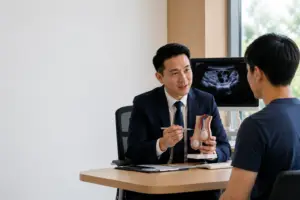 Consultant urologist discussing a testicular lump assessment with a young man while reviewing a scrotal ultrasound at Prince Court Medical Centre, Kuala Lumpur.