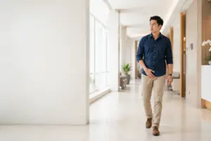 Young man with mild testicular pain walking into a private hospital for urological assessment.