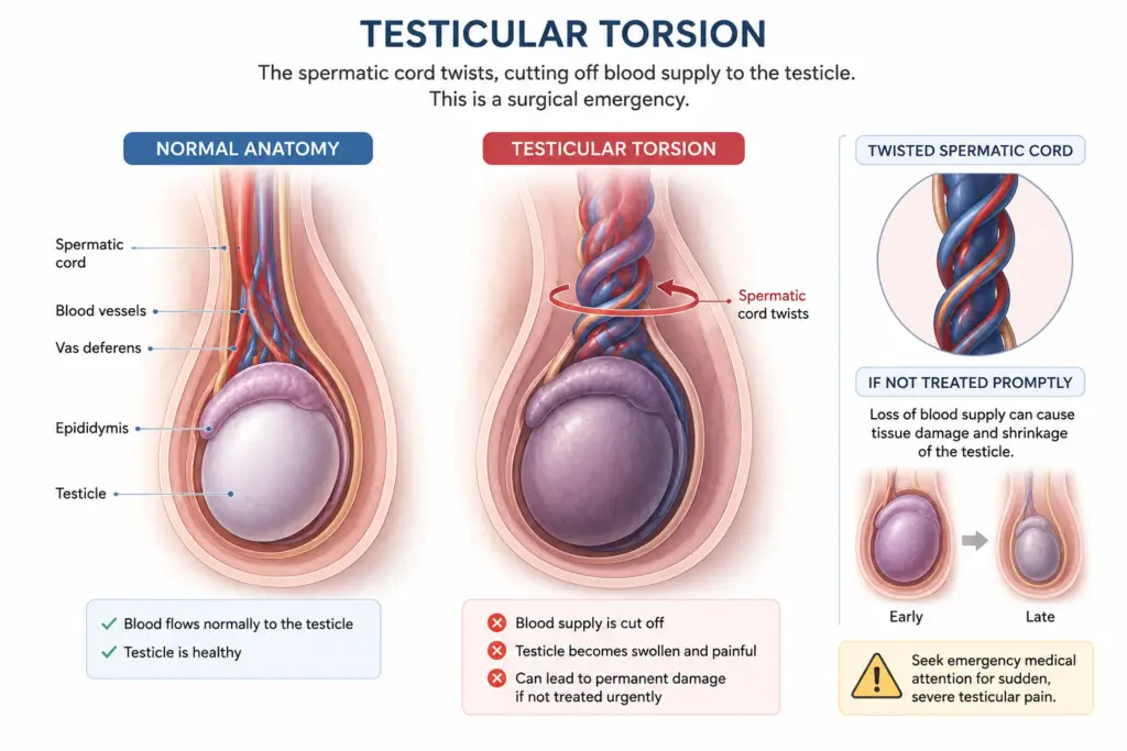 Medical illustration showing testicular torsion, where the spermatic cord twists and cuts off the blood supply to the testicle.