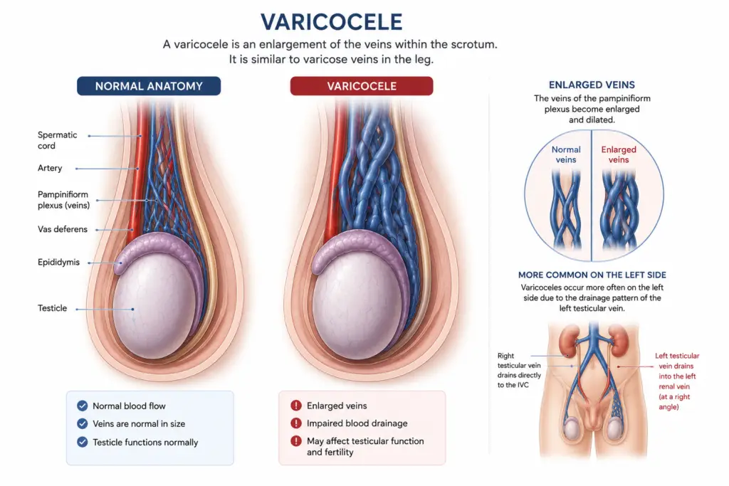 Medical illustration showing a varicocele with enlarged veins of the spermatic cord above the testicle.
