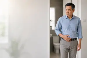 Man with lower abdominal discomfort experiencing difficulty urinating