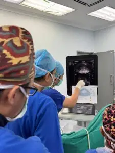 Dr Roger Anthony Idi demonstrating ultrasound-guided planning for a local anaesthetic transperineal prostate biopsy during a hands-on urology workshop.