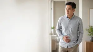 Man experiencing lower abdominal discomfort from possible ureteric stent symptoms