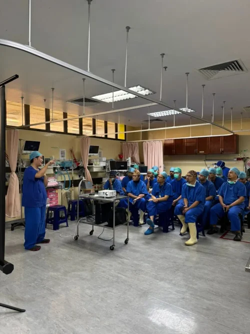 Dr Roger Anthony Idi teaching local anaesthetic transperineal prostate biopsy techniques to urologists during a hands-on workshop at Hospital Tengku Ampuan Afzan.