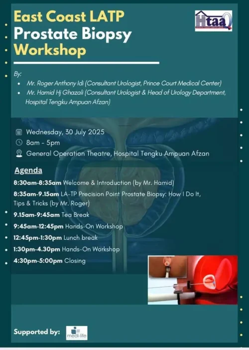 East Coast LATP Prostate Biopsy Workshop poster featuring Consultant Urologist Dr Roger Anthony Idi as invited faculty, Hospital Tengku Ampuan Afzan, 30 July 2025.